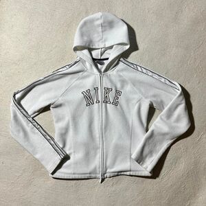 Y2K Nike Women's Medium White Fleece Double Zip Hoodie with Stripes